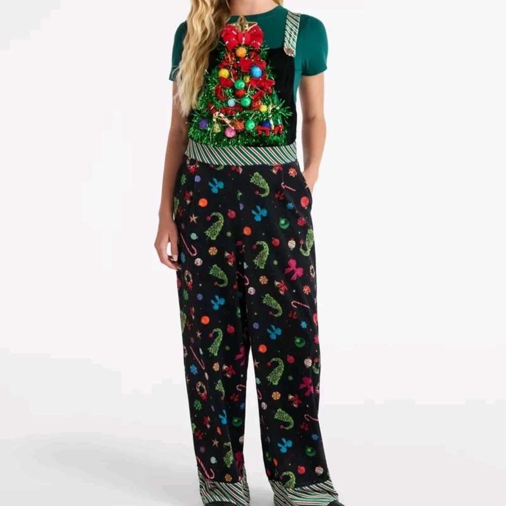 No Boundaries Ugly Christmas Tree Jumpsuit Overalls Tinsel Holiday Womens XS 0-2